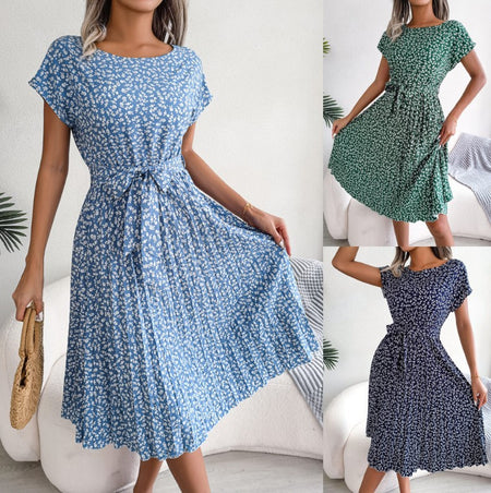 Spring And Summer New Casual Short-sleeved Floral Large Hem Pleated Skirt - ANIBEY