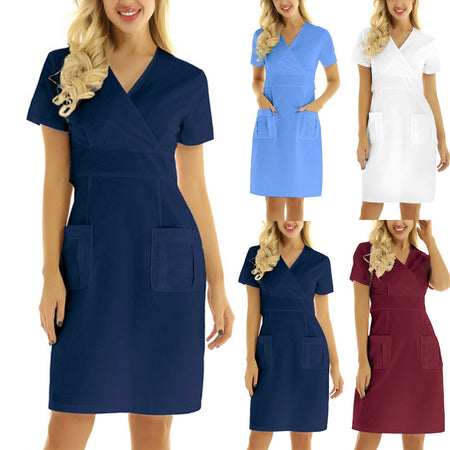 Women's Short-sleeved V-neck Nurses' Uniform Nurse Dress - ANIBEY