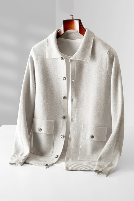 Men's Polo Collar Solid Color Wool Cardigan Sweater - ANIBEY