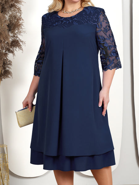 Women's Embroidered Chiffon Patchwork Round Neck Half-length Sleeve Dress - ANIBEY