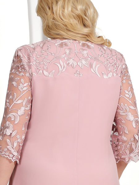 Women's Embroidered Chiffon Patchwork Round Neck Half-length Sleeve Dress - ANIBEY