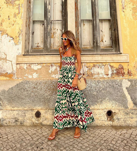 New Printed Suspender Large Swing Floor Dress For Women - ANIBEY