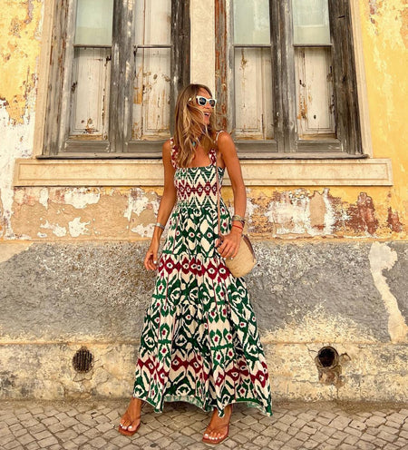New Printed Suspender Large Swing Floor Dress For Women - ANIBEY