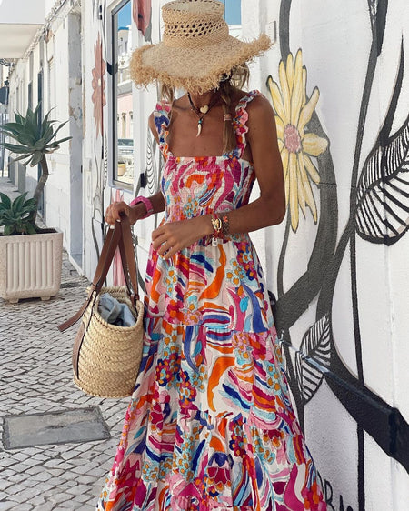 New Printed Suspender Large Swing Floor Dress For Women - ANIBEY