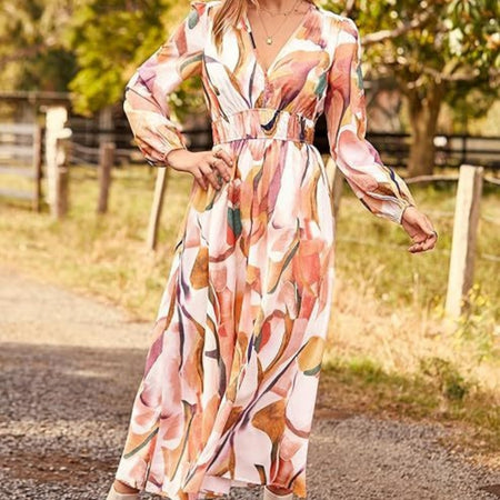 Spring NEW Long Casual Long Sleeve V-neck Printed Beach Long Flowy Dress - ANIBEY
