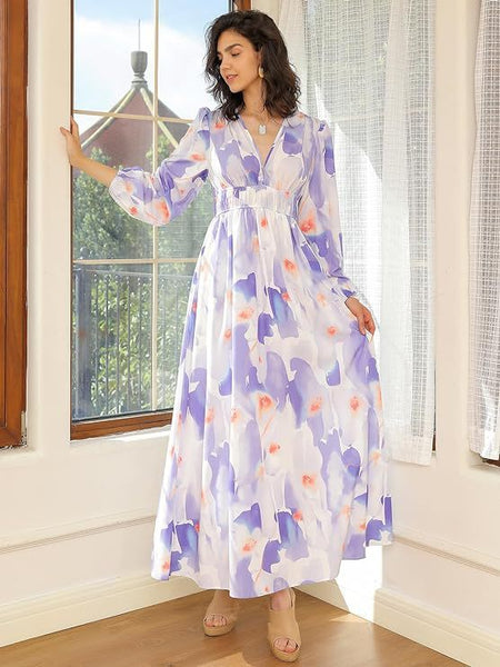 Spring NEW Long Casual Long Sleeve V-neck Printed Beach Long Flowy Dress - ANIBEY