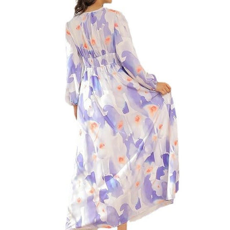 Spring NEW Long Casual Long Sleeve V-neck Printed Beach Long Flowy Dress - ANIBEY