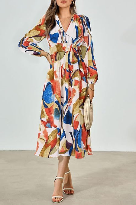 Spring NEW Long Casual Long Sleeve V-neck Printed Beach Long Flowy Dress - ANIBEY