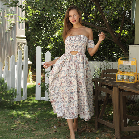 Women's Off Shoulder Strapless Floral Dress - ANIBEY
