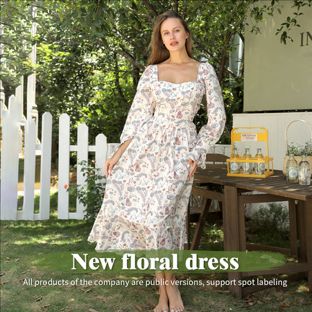 Women's Square Neck Long Sleeved Printed Dress - ANIBEY
