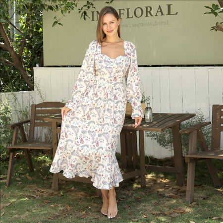 Women's Square Neck Long Sleeved Printed Dress - ANIBEY