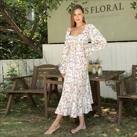 Women's Square Neck Long Sleeved Printed Dress - ANIBEY