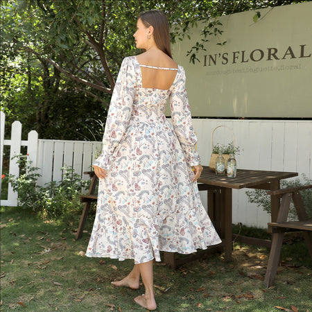 Women's Square Neck Long Sleeved Printed Dress - ANIBEY