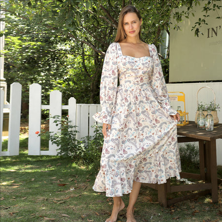 Women's Square Neck Long Sleeved Printed Dress - ANIBEY