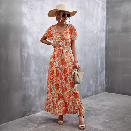 Women's Temperament Short Sleeve V-neck Lace-up Flower Button Dress - ANIBEY