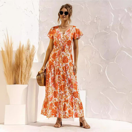 Women's Temperament Short Sleeve V-neck Lace-up Flower Button Dress - ANIBEY