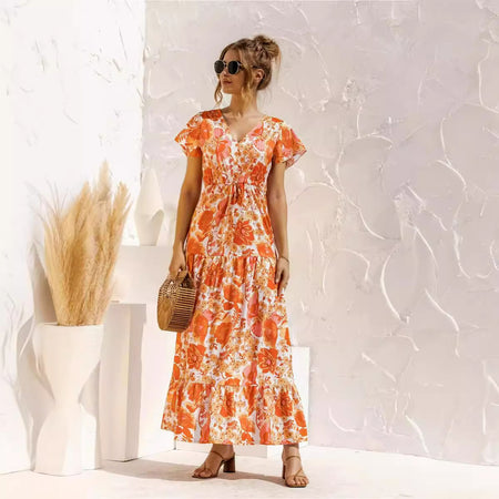 Women's Temperament Short Sleeve V-neck Lace-up Flower Button Dress - ANIBEY