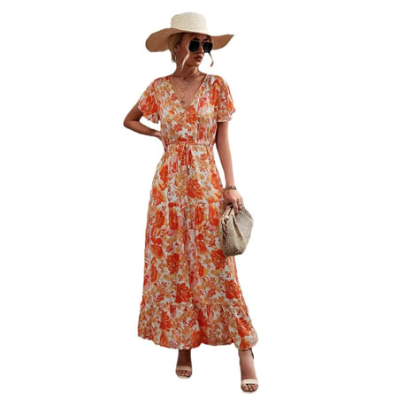 Women's Temperament Short Sleeve V-neck Lace-up Flower Button Dress - ANIBEY