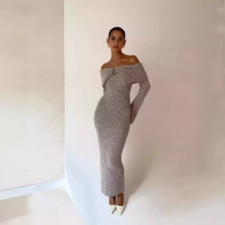 Fashion Polo Collar Off-the-shoulder Dress Striped Dress - ANIBEY