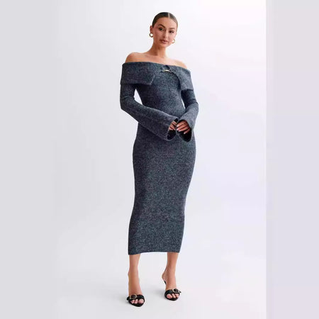 Fashion Polo Collar Off-the-shoulder Dress Striped Dress - ANIBEY