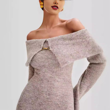 Fashion Polo Collar Off-the-shoulder Dress Striped Dress - ANIBEY
