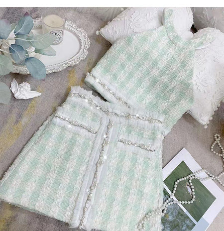 Diamond Plaid Suspender Vest Set - ANIBEY