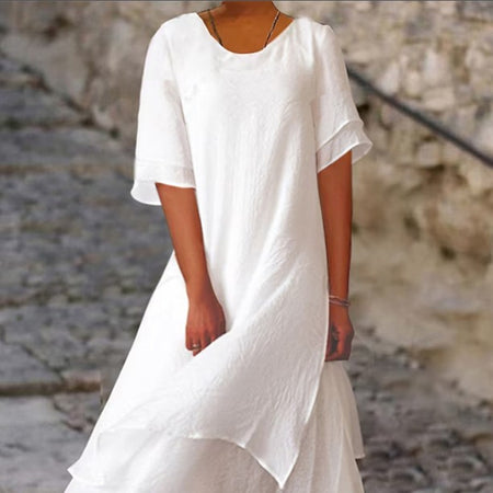 Fashion Casual Double-layer Split Short Sleeve Round Neck Dress - ANIBEY