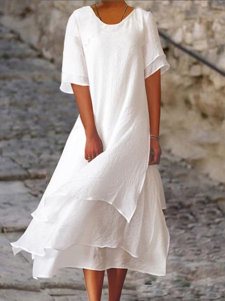Fashion Casual Double-layer Split Short Sleeve Round Neck Dress - ANIBEY
