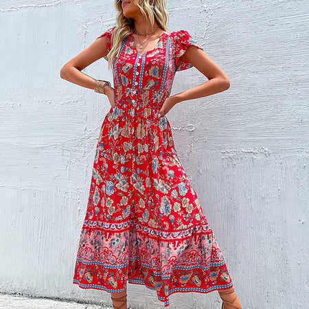 Summer New Women's V-Neck Slim Slit Big Red Dress - ANIBEY