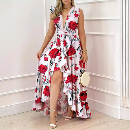 Women's High-waisted Red Stand Collar Printed Commuter Sleeveless Dress - ANIBEY
