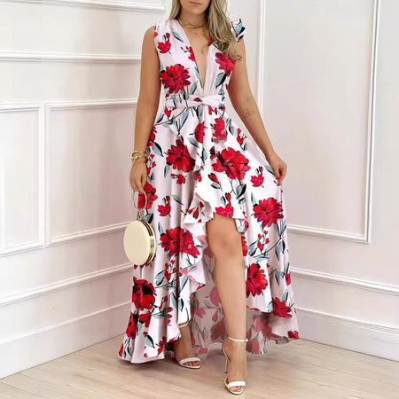 Women's High-waisted Red Stand Collar Printed Commuter Sleeveless Dress - ANIBEY
