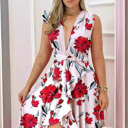 Women's High-waisted Red Stand Collar Printed Commuter Sleeveless Dress - ANIBEY