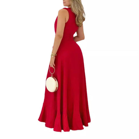 Women's High-waisted Red Stand Collar Printed Commuter Sleeveless Dress - ANIBEY