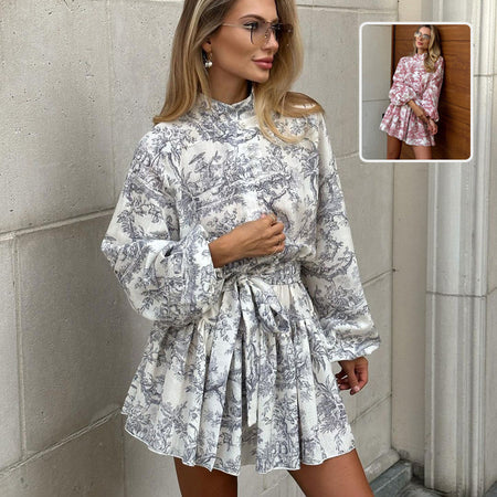 Ink Print Long Sleeve Short Dress With Fashion Puffy Sleeve Lapel Tie A-Line Dress Clothing - ANIBEY