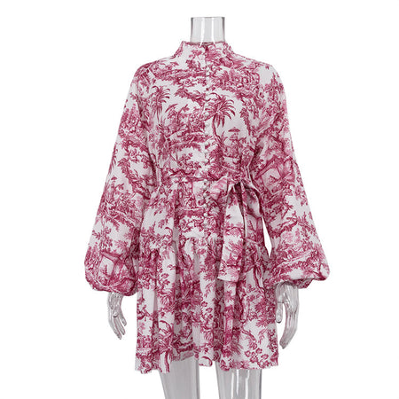 Ink Print Long Sleeve Short Dress With Fashion Puffy Sleeve Lapel Tie A-Line Dress Clothing - ANIBEY