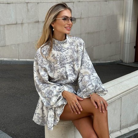 Ink Print Long Sleeve Short Dress With Fashion Puffy Sleeve Lapel Tie A-Line Dress Clothing - ANIBEY