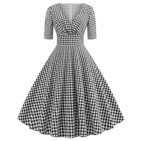 Fluffy skirt V-neck Chiffon print mid sleeve vintage dress - ANIBEY