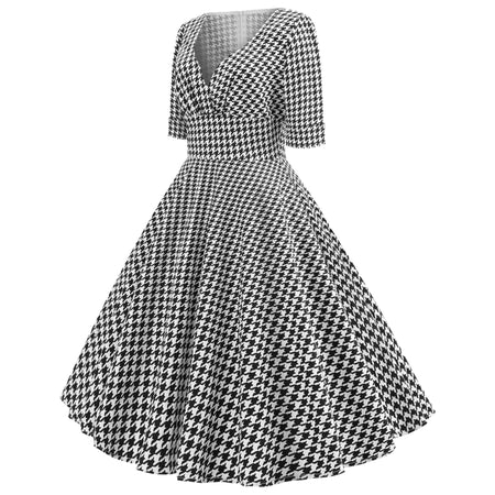 Fluffy skirt V-neck Chiffon print mid sleeve vintage dress - ANIBEY