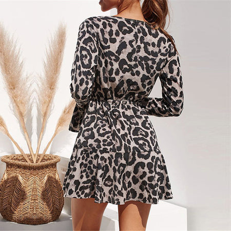 Leopard Print Waist-controlled Slimming Long Sleeve Lace-up Dress - ANIBEY