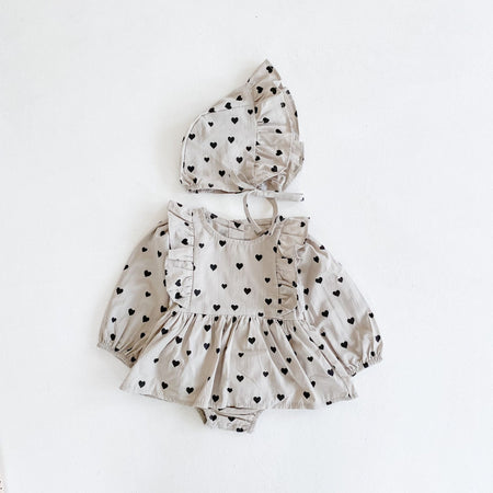 Autumn New Product Girl Baby Love Dress Long Sleeve Romper Baby Cotton One-Piece Climbing Clothes Free Hat - ANIBEY