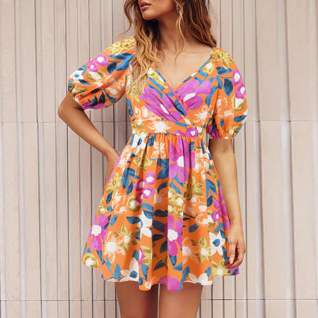 Flowers Print V-Neck Lantern-sleeve Women's Dress - ANIBEY