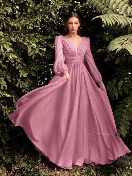 Long Sleeve Chiffon Sexy Temperament Deep V Dress - ANIBEY