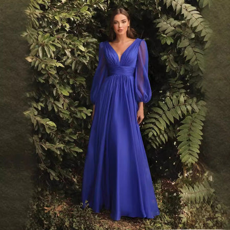 Long Sleeve Chiffon Sexy Temperament Deep V Dress - ANIBEY