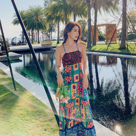 Bohemian Cross Back Tropical Maxi Summer Dress - ANIBEY