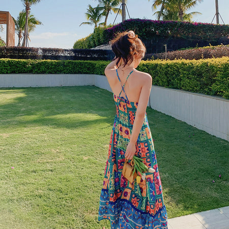 Bohemian Cross Back Tropical Maxi Summer Dress - ANIBEY