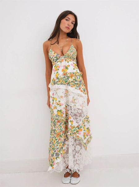 Women's Printed Halter Patchwork Hem Long Dresses - ANIBEY