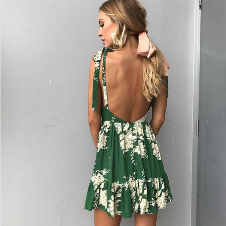 Deep V-neck halter print sleeveless dress - ANIBEY