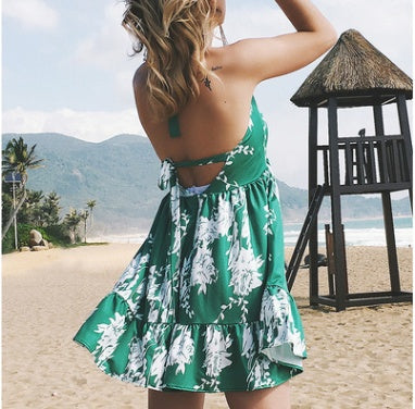 Deep V-neck halter print sleeveless dress - ANIBEY