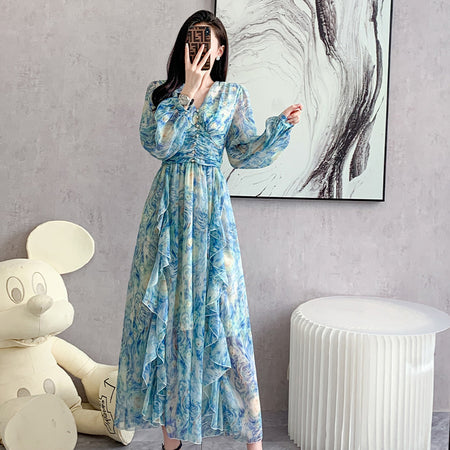 Printed Long Dress Star Yarn Chiffon Ruffled Swing Dress - ANIBEY