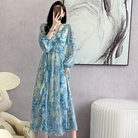 Printed Long Dress Star Yarn Chiffon Ruffled Swing Dress - ANIBEY